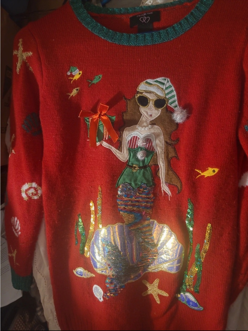It's Our Time Red Sequin Mermaid Sweater with Green Trim